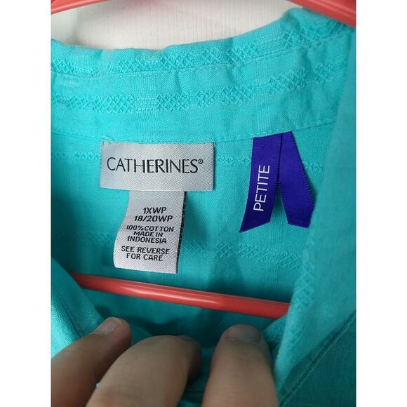Catherine's Woman 1XWP Blouse Aqua Window Pane Long Sleeve Collared Button - Picture 3 of 11